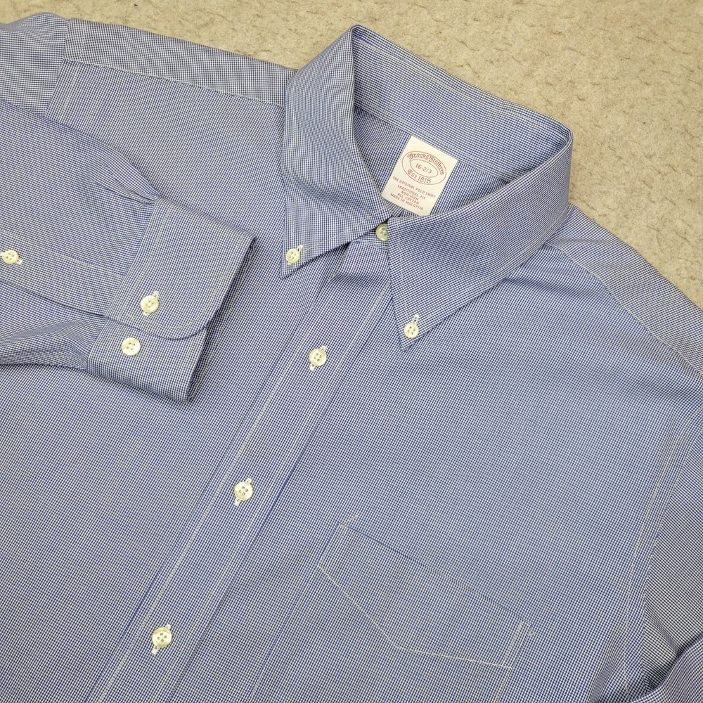 Brook Brothers Non‎ Iron Shirt Mens 16-2/3 Blue Check Button Down Long Sleeve
